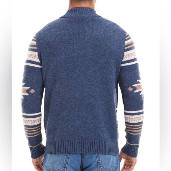 NEW! Frye Navy and Tan Patterned Zip-Up Cardigan Sweater - Picture 6 of 6